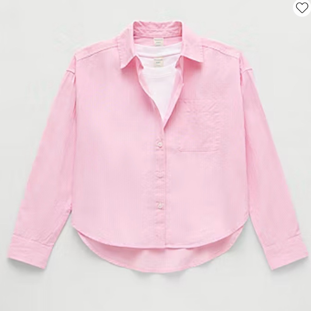 Girls' 2 Pc Light Pink Stripe Long-Sleeve Button-Down Shirt-T-shirt 100% Cotton